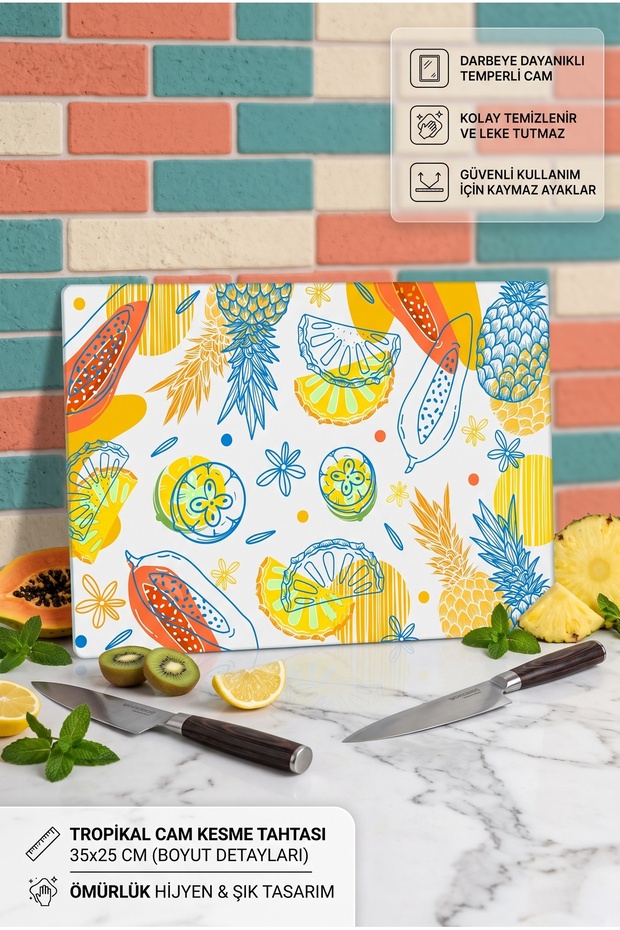 Elegant Design Countertop Glass Cutting Board Kitchen Themed with Silicone Feet, Bacteria Resistant 25X35 cm