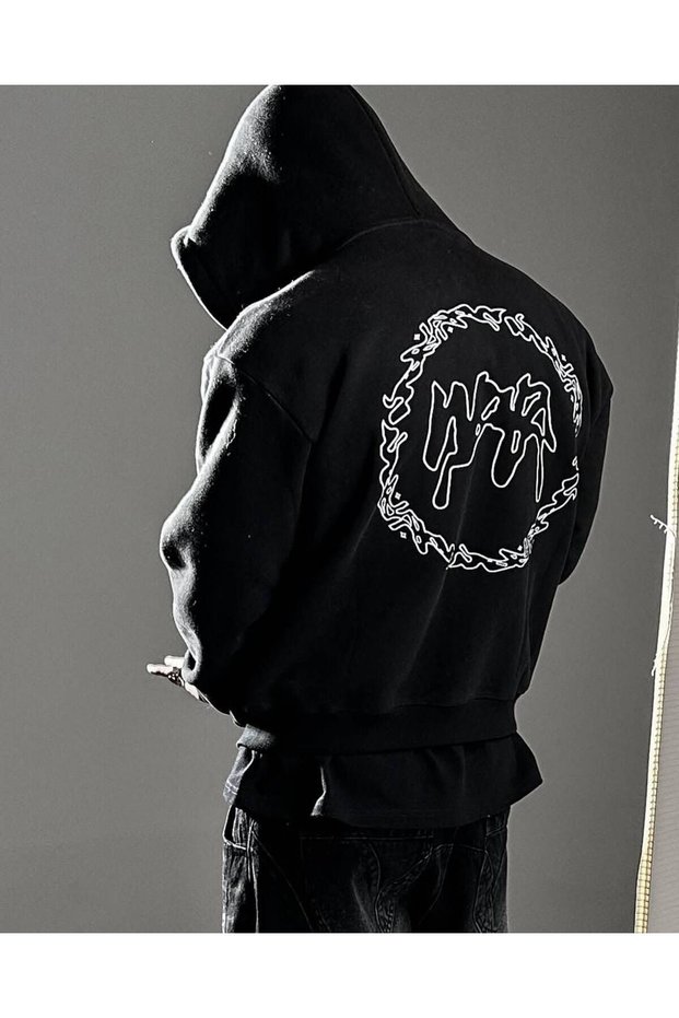 Black Unisex Oversize 3 Thread Raster Printed Hooded Sweatshirt with Kangaroo Pocket