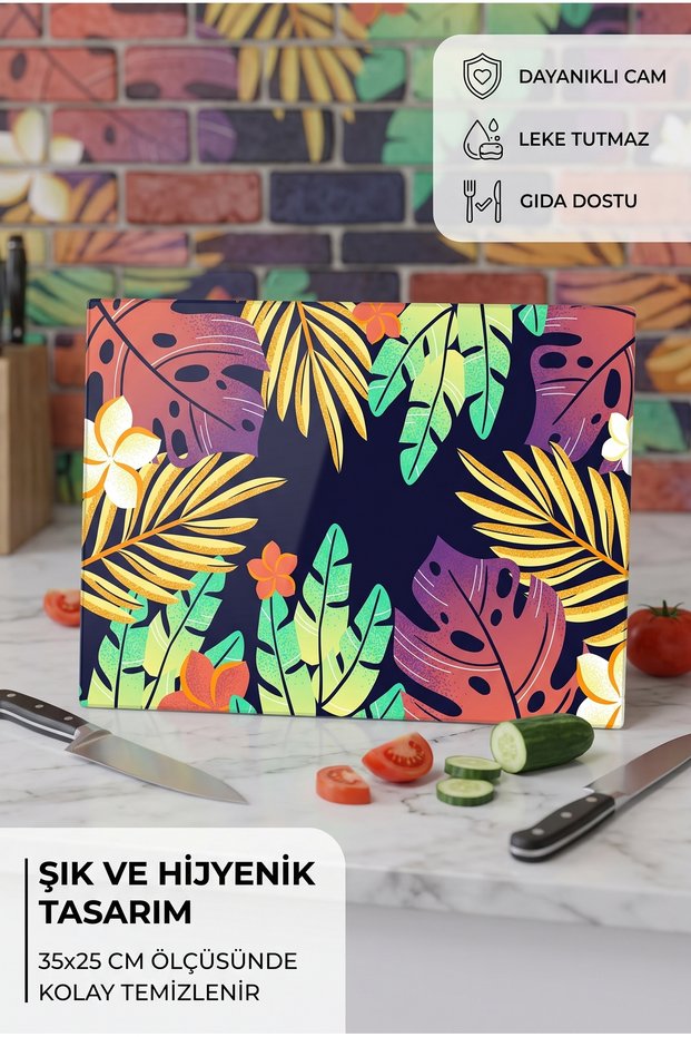 Retro Motif Glass Cutting and Chopping Board, Eye-Catching, Stylish, Easy to Clean, 25X35 cm Size