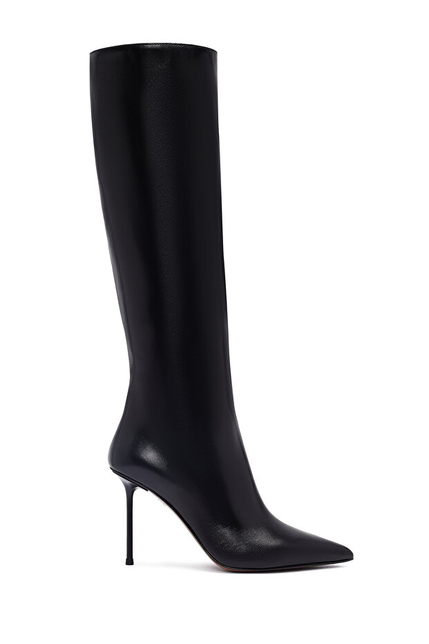 Women's Black Zippered High Thin Heeled Leather Boots Wf100001Dv