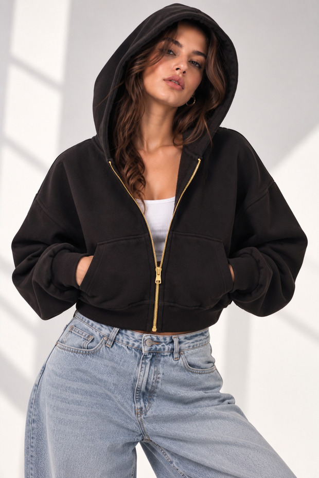 Women's Crop Zipper Hoodie – Gold Zipper 3 Thread Comfortable Fit Sweatshirt - Brown