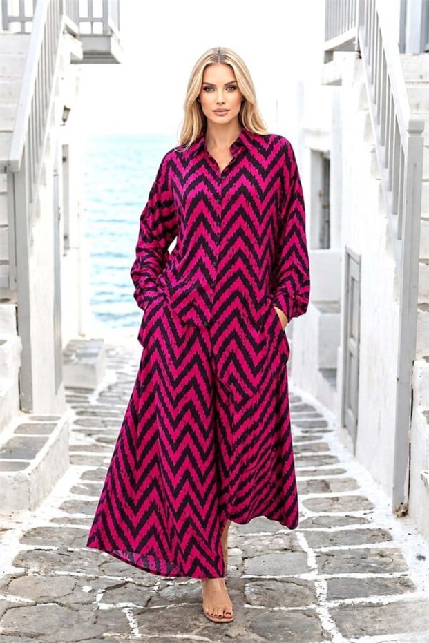 Fuchsia Patterned Shirt Pants Set with Epaulets and Pockets