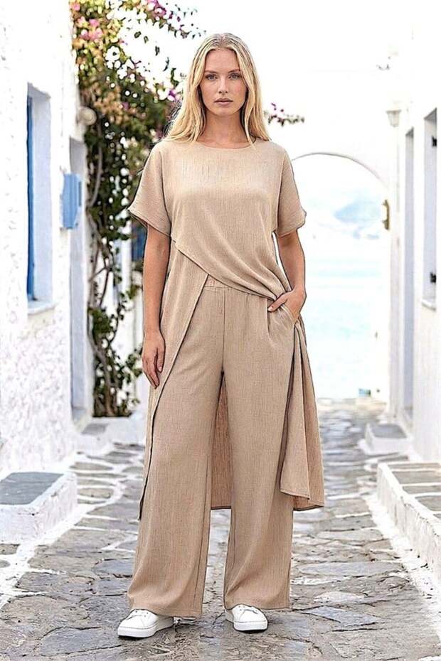 Beige Asymmetrical Short Sleeve Two-Piece Set