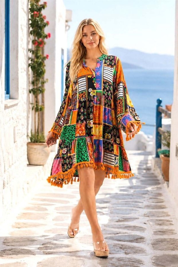 Orange Patterned Spanish Sleeve Dress