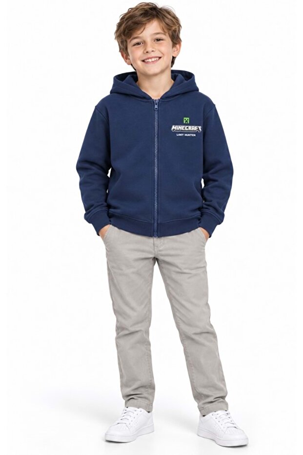 M6S10187 Minecraft Printed Zippered Hooded Children's Sweatshirt Dark Blue