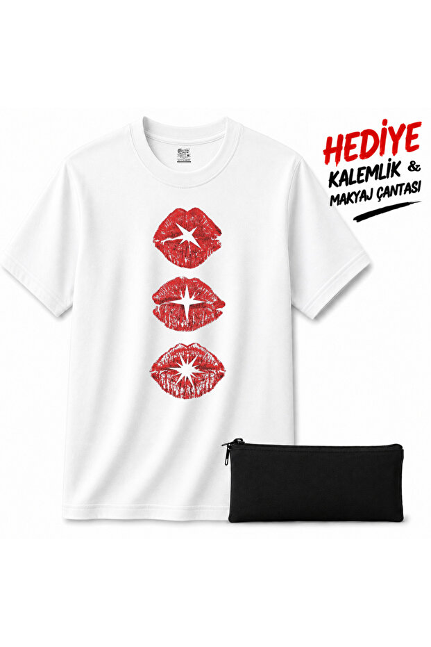 White Red Lip and Star Printed 100% Cotton Unisex Kids/Adults (Pen Holder Gift)