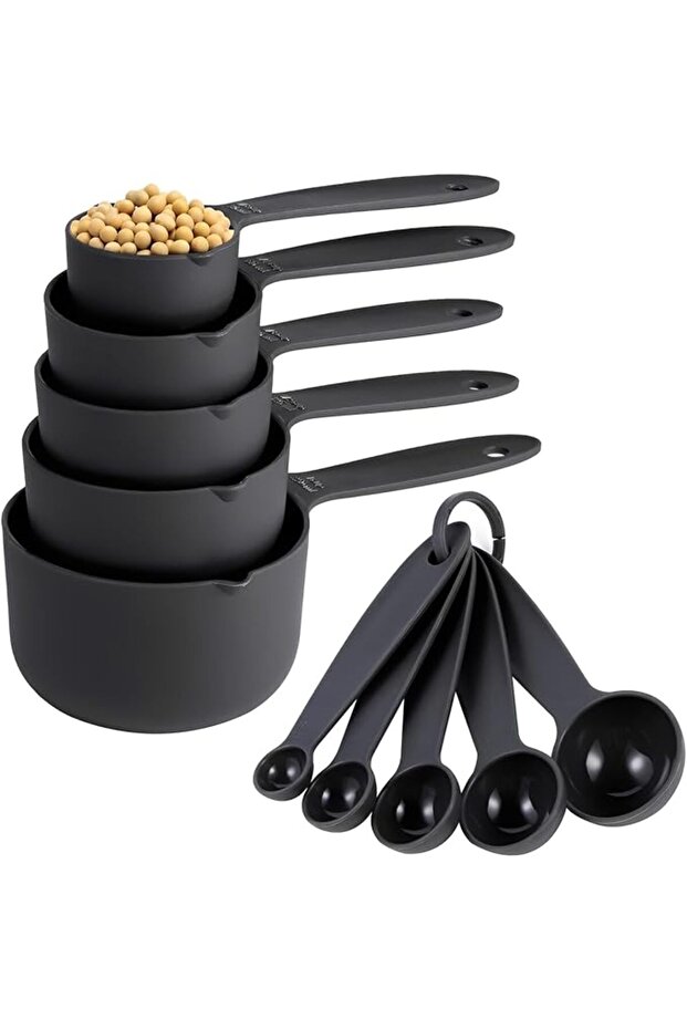 10-Piece Plastic Measuring Spoons and Cups Set for Baking (1/4TSP to 1CUP) - with Hook Handle & Stor