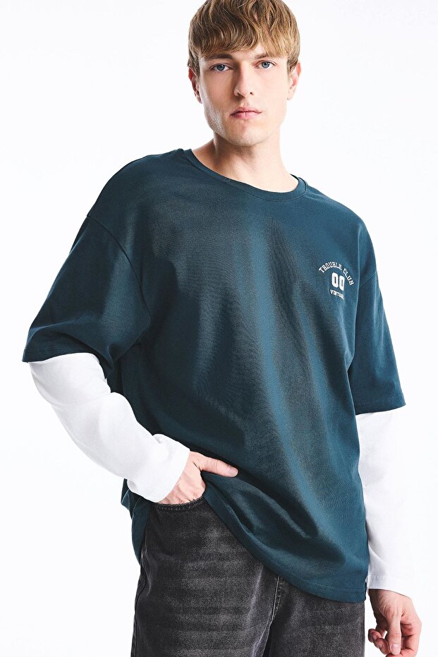 100% Cotton Boxy Fit Crew Neck Layered Look Printed Long Sleeve T-Shirt H9201Ax26Au