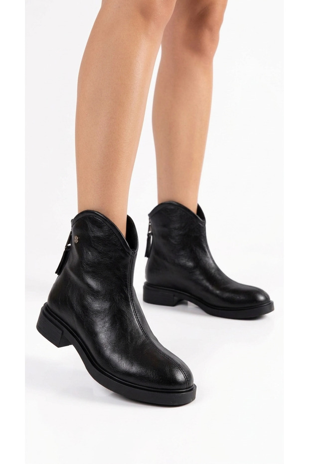 Women's Leather Look Zippered Short Heel Casual Boots