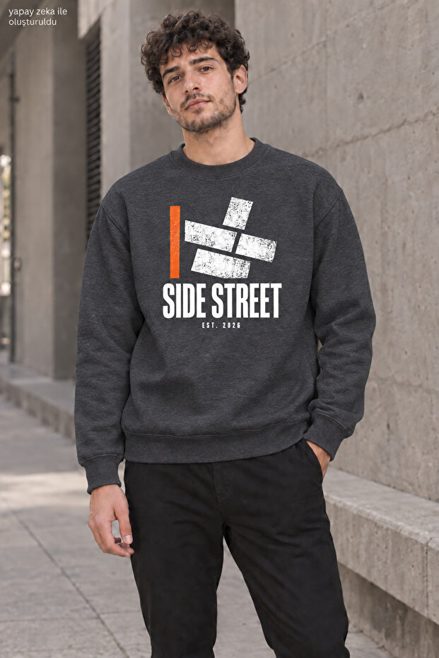 Men's Side Street Lettered and Orange Line Detailed Crew Neck Casual Regular Fit Sweatshirt