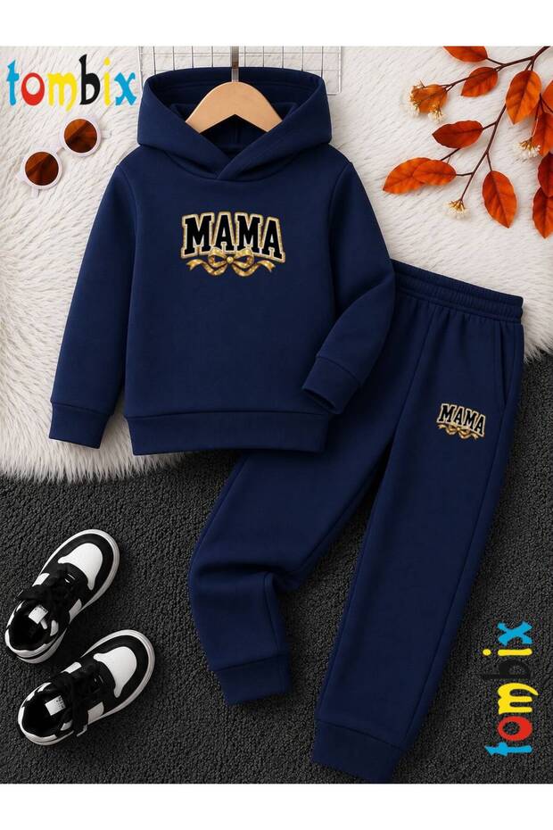 Mama Text Printed Thick Winter Hooded Top/Bottom Children's Tracksuit Set (Pockets on the Bottom)