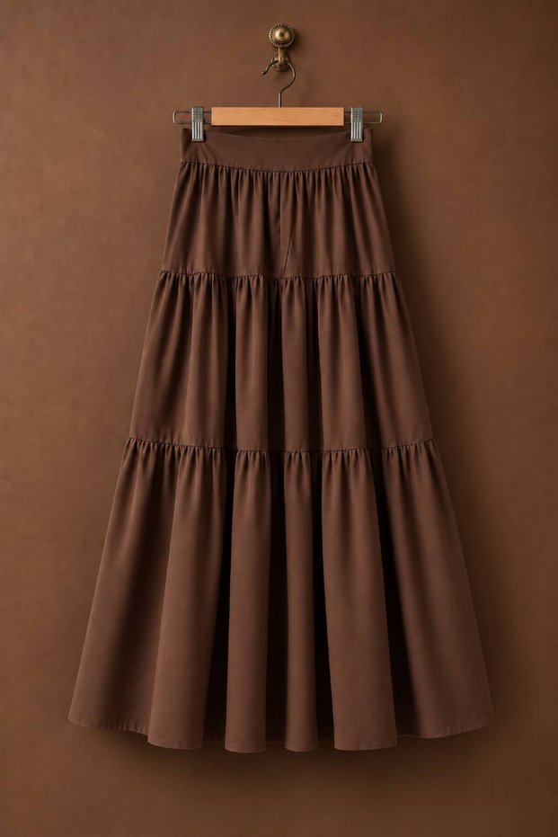 Coffee Layered Long Poplin Skirt