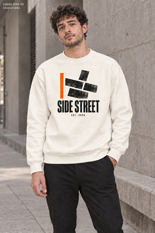 Men's Side Street Lettered and Orange Line Detailed Crew Neck Casual Regular Fit Sweatshirt