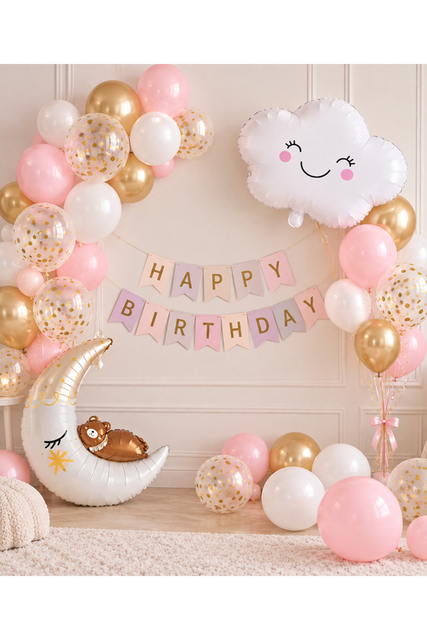 Party Birthday Balloon Set Cloud Teddy Bear Moon Foil Balloon Pink Gold White Happy Birthday Banner