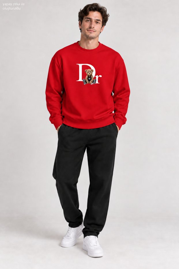 Men's Teddy Bear Printed Crew Neck Casual Regular Fit Sweatshirt