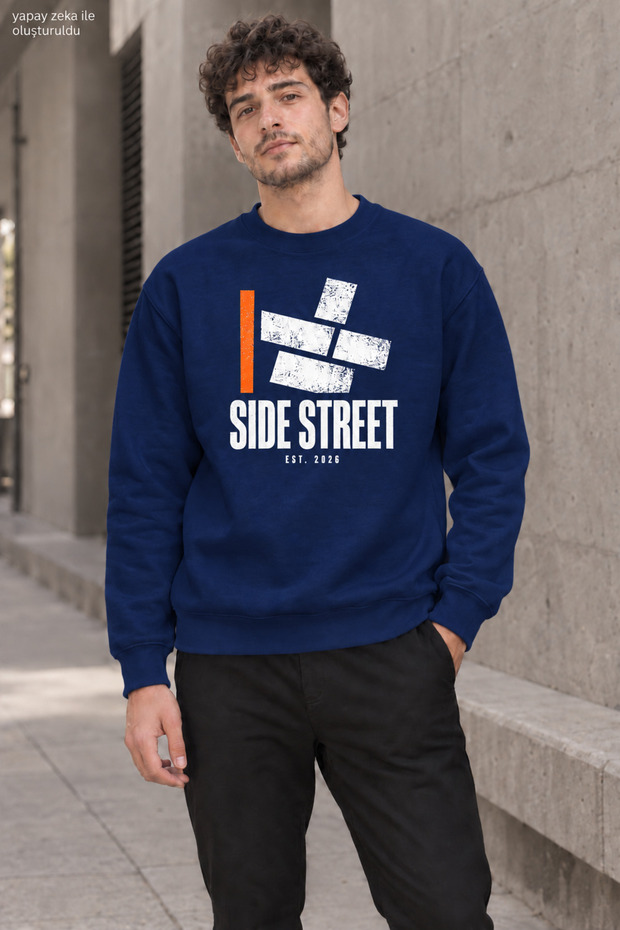 Men's Side Street Lettered and Orange Line Detailed Crew Neck Casual Regular Fit Sweatshirt