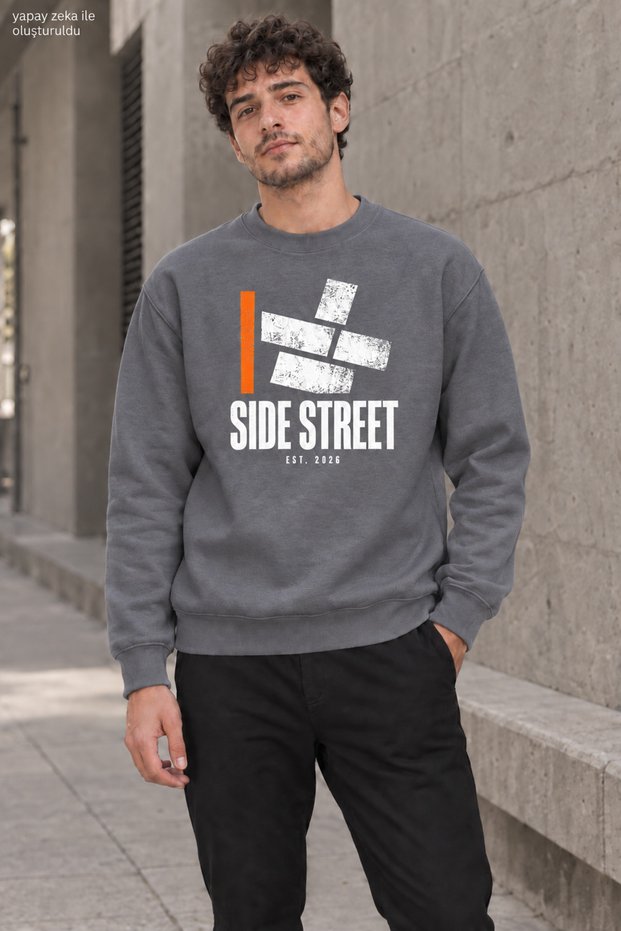 Men's Side Street Lettered and Orange Line Detailed Crew Neck Casual Regular Fit Sweatshirt