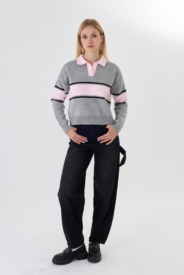 Women's Polo Neck Striped Oversize Knitwear Sweater