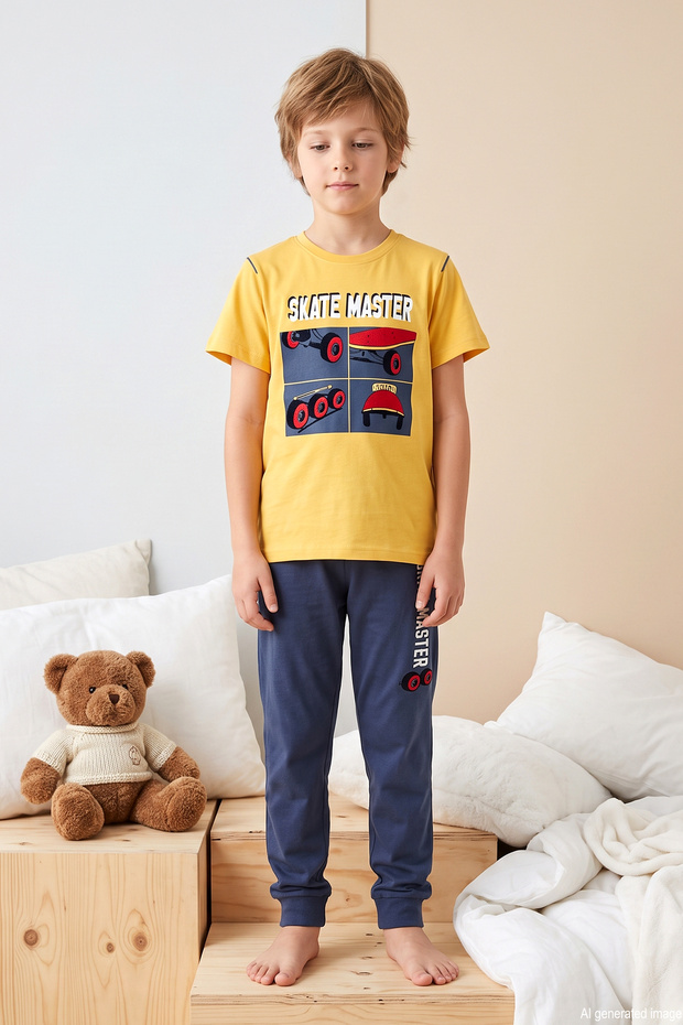 Boy's Short Sleeve Combed Cotton Pajama Set 4269 Yellow