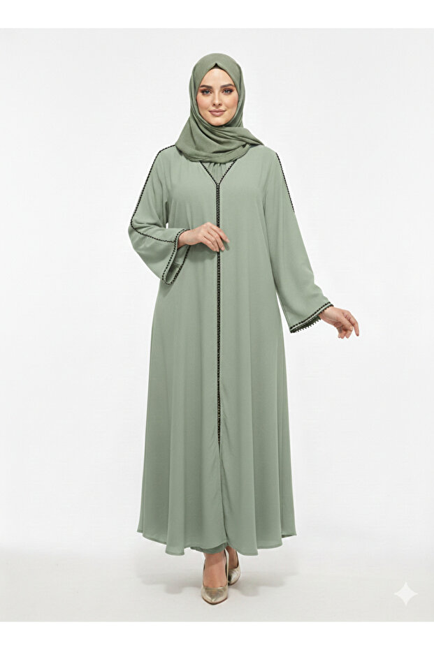 Rizqé Sage Serenity Light Green Minimalist Trim Modest Abaya