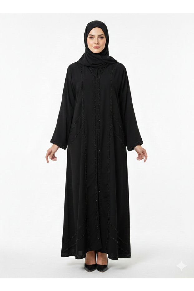 Rizqé Midnight Obsidian Black Hand-Beaded Embellished Modest Abaya