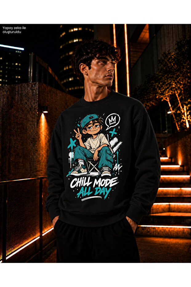 Men's Turquoise and Black Chill Mode Written Crew Neck Casual Regular Fit Sweatshirt