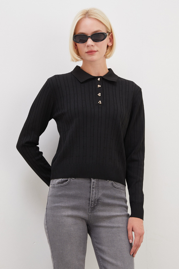Heart-Shaped Half Button Polo Collar Knit Sweater