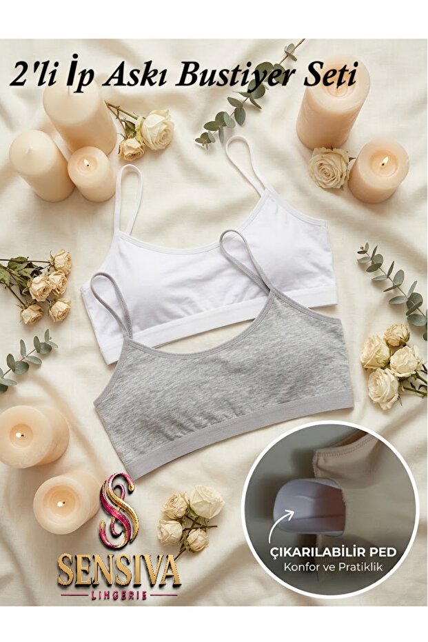 2-Piece Set with String Straps - Removable Pads - Cotton Crop Half Tank Top - Wire-Free Comfort (2 Pieces) White - Gray