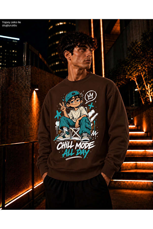 Men's Turquoise and Black Chill Mode Written Crew Neck Casual Regular Fit Sweatshirt