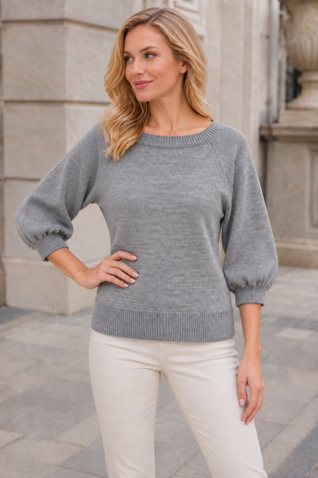 Women's Boat Neck Raglan Sleeves Balloon Sleeve Ribbed Detailed Comfortable Fit Stylish Elegant Casual Gray Knitwear Sweater
