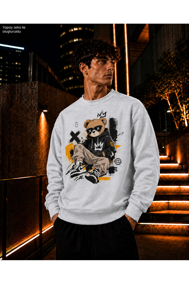 Men's Crew Neck Casual Regular Fit Sweatshirt with Glasses and Hooded Teddy Bear Figure