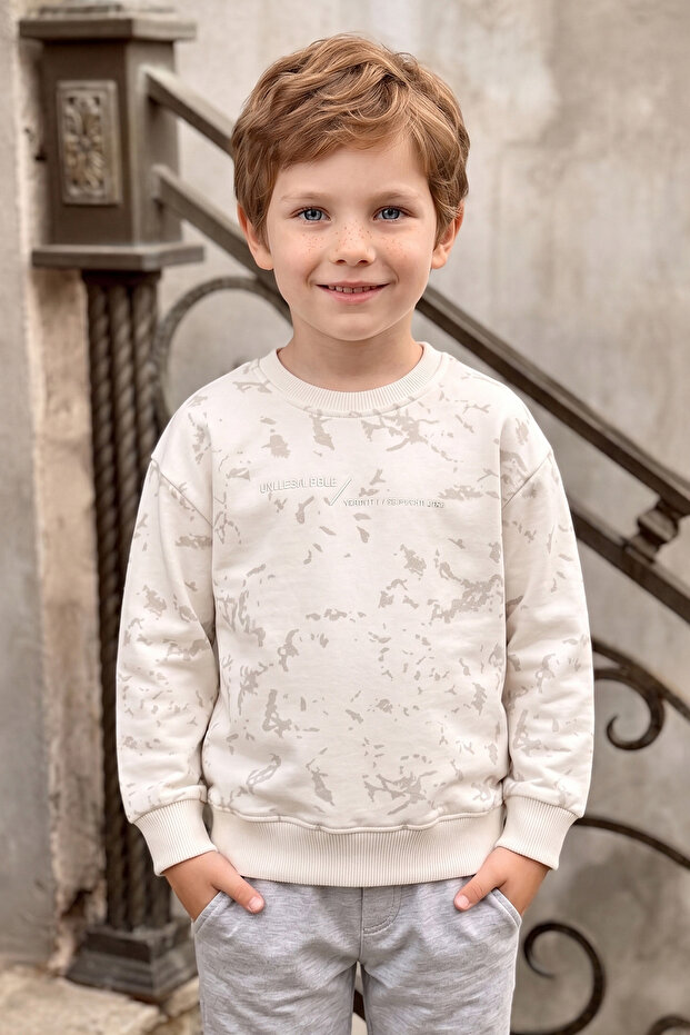 Patterned Text Printed Crew Neck Boys' Sweatshirt
