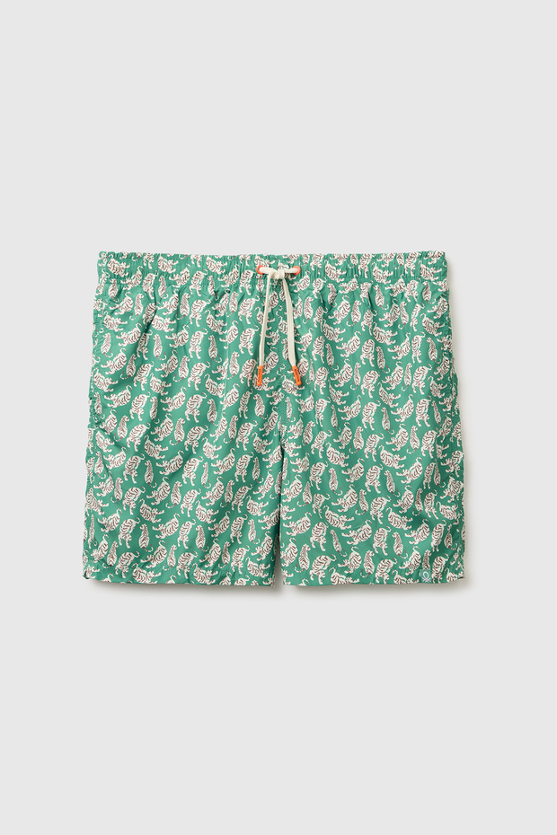 Men's green all-over print drawstring swim shorts