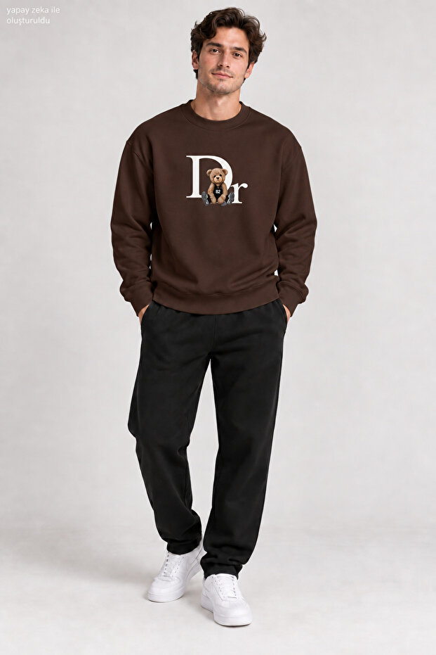 Men's Teddy Bear Printed Crew Neck Casual Regular Fit Sweatshirt