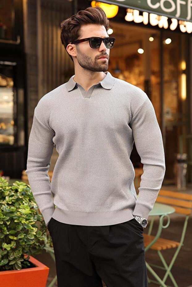 Gray Polo Collar Textured Men's Knit Sweater E7511