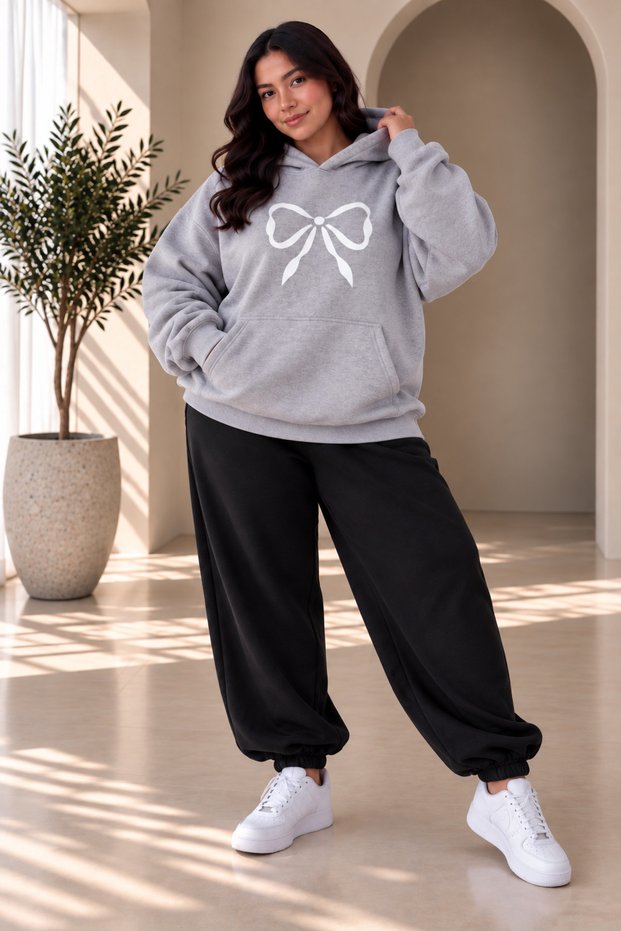Women's Plus Size Oversize Bowknot Printed Hooded 2-Piece Tracksuit Set Hoodie Jogger Pants Comfortable Fit Casual Sports Set