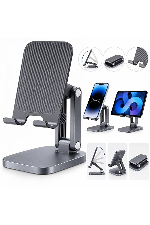 Adjustable Foldable Desktop Phone and Mini Tablet Holder - Black