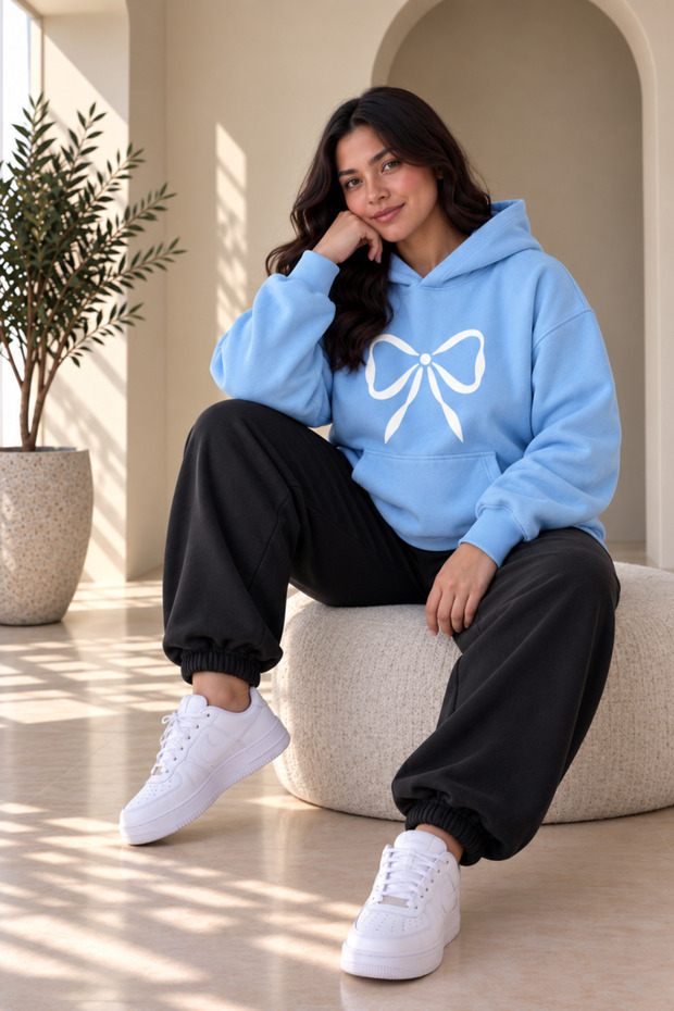 Women's Plus Size Oversize Bowknot Printed Hooded 2-Piece Tracksuit Set Hoodie Jogger Pants Comfortable Fit Casual Sports Set