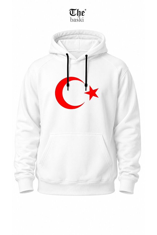 Turkey Moon Star Flag Printed Kangaroo Pocket 100% Cotton High Quality Premium 3 Thread Threaded Sweatshirt