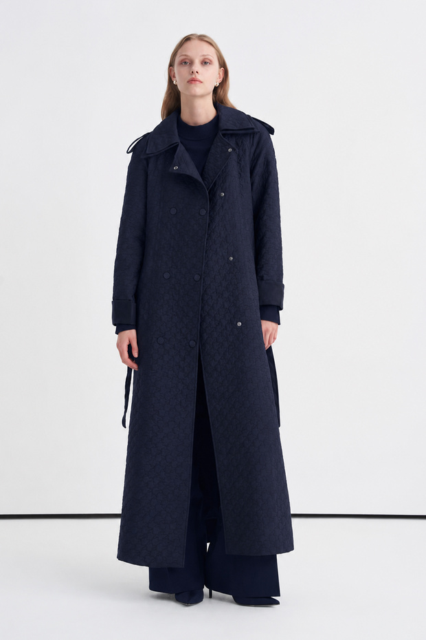 Belted Double-Breasted Long Navy Blue Trench Coat 14126