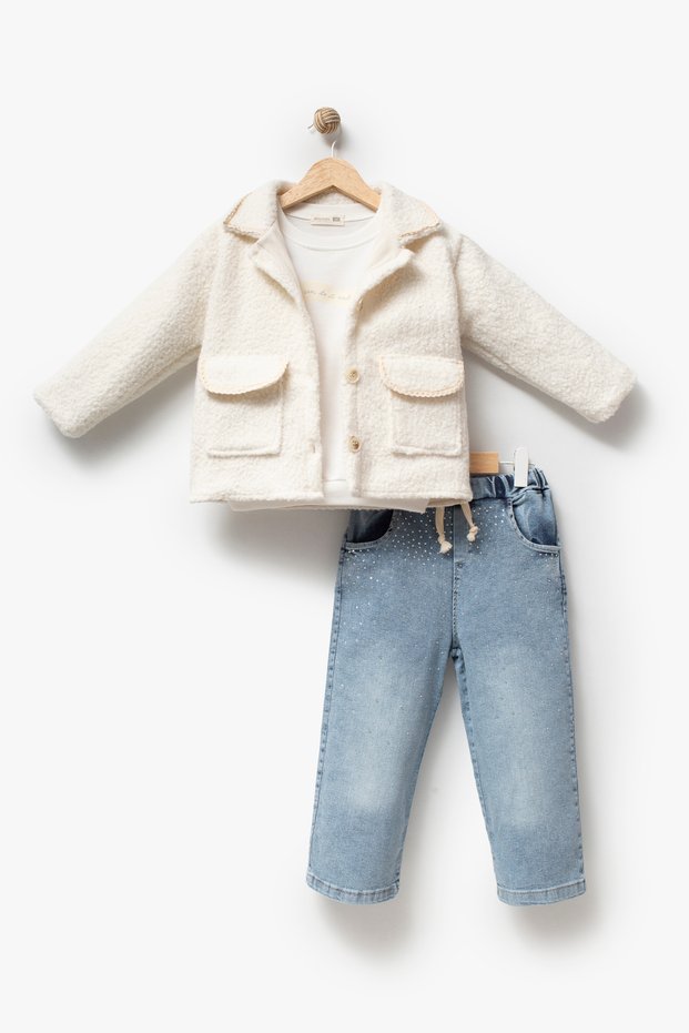 Girl's Lace Trimmed Plush Jacket, Printed Sweatshirt and Stone Detailed Wide-Leg Jeans 3-Piece Set 8302 Wnt