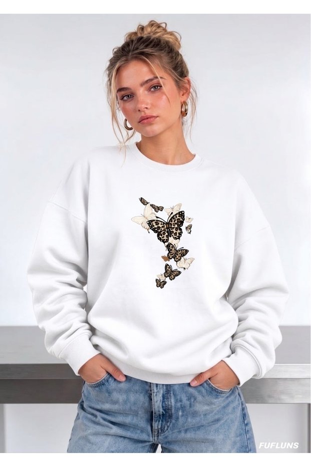 Leopard Pattern Butterfly Printed Oversized Women's Crewneck Sweatshirt
