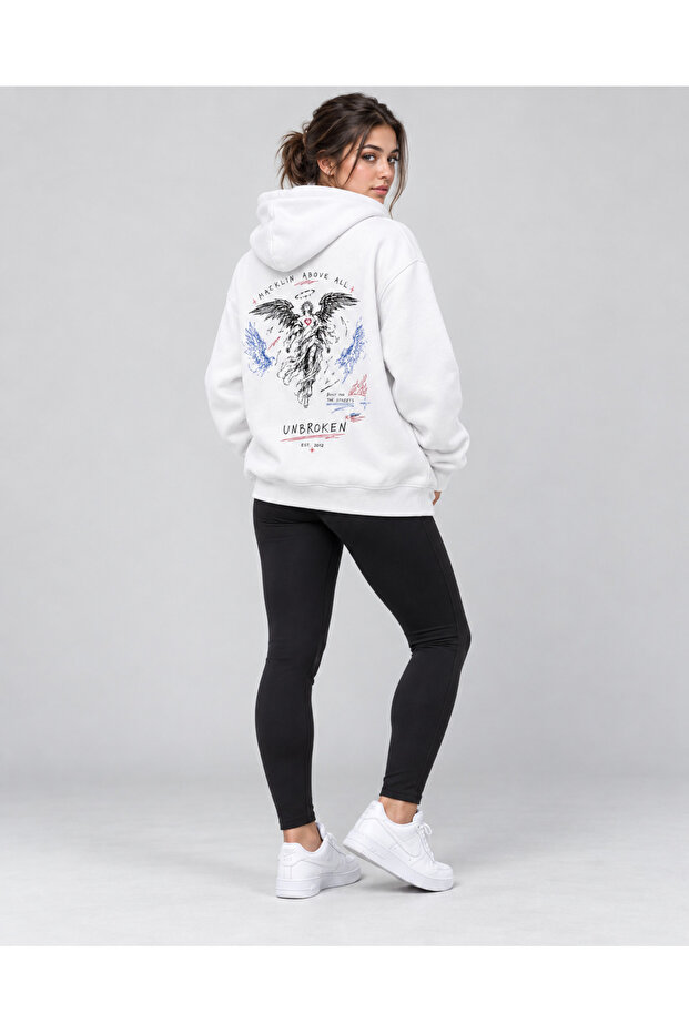 Unisex Women's and Men's Unbroken Above All Design Text Printed Oversize 3 Thread Hooded Sweatshirt
