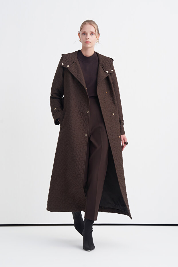 Hooded Belted Long Brown Coat 13976