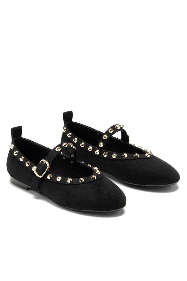 Women's Trok Detailed Elastic Round Toe Black Suede Ballerina Shoes