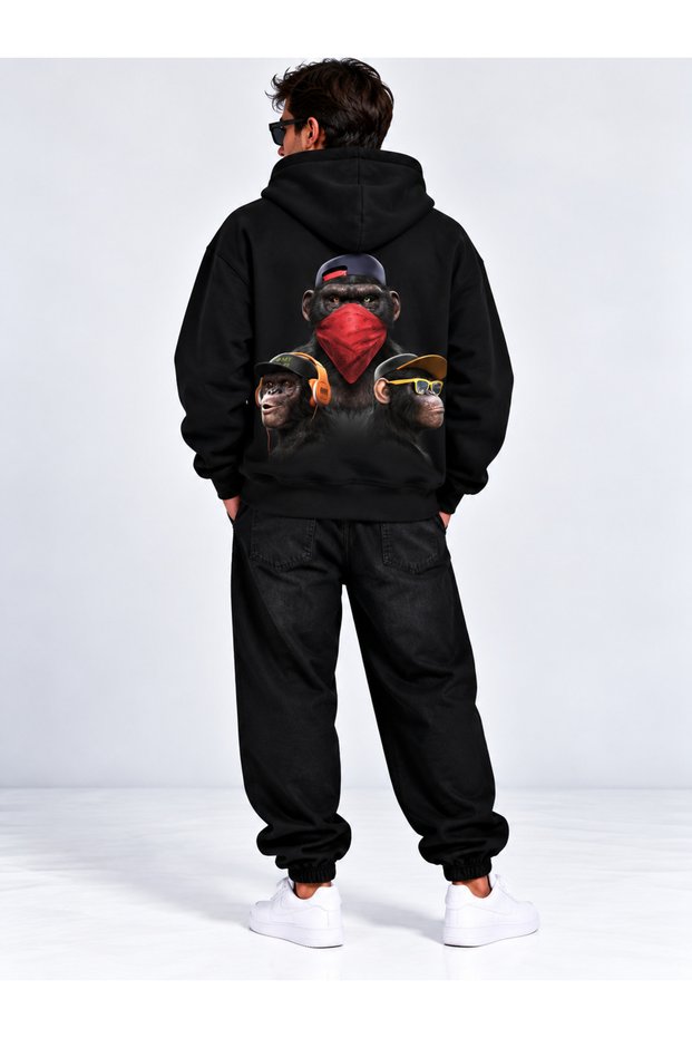 Men's Oversize Hooded Cotton Tracksuit Set with 3 Thread Raster Prints and Chimpanzee Back Print