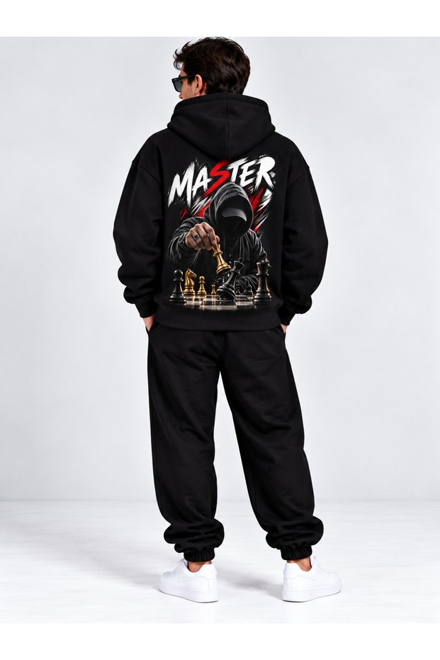 Men's Oversize Hooded Cotton Tracksuit Set with 3 Thread Raster Chess Back Print