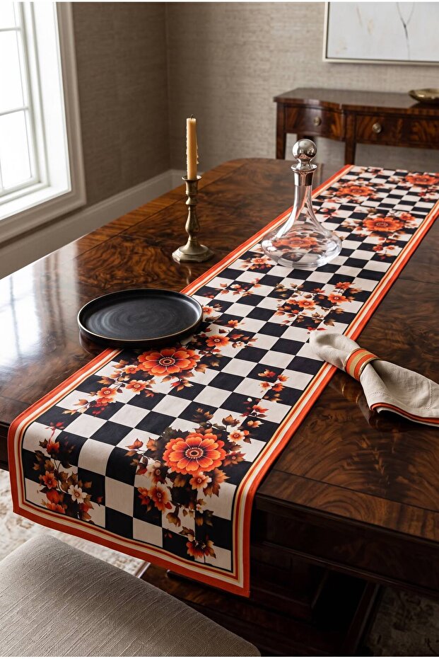 Decorative Table Runner - Checkered Floral Pattern, Stylish and Modern Kitchen, Dining Table Runner 40 X 140 cm