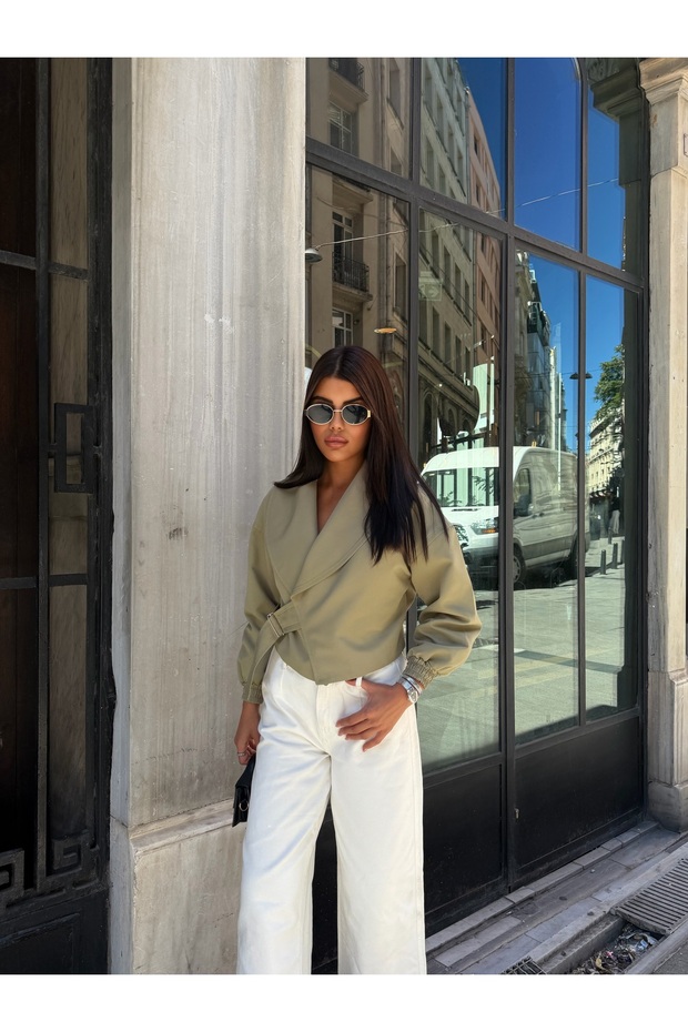 Women's Khaki Belt Detailed Short Jacket