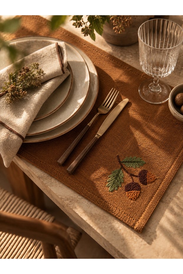 6-Piece Nut Embroidered Placemat Set - 100% Raw Linen